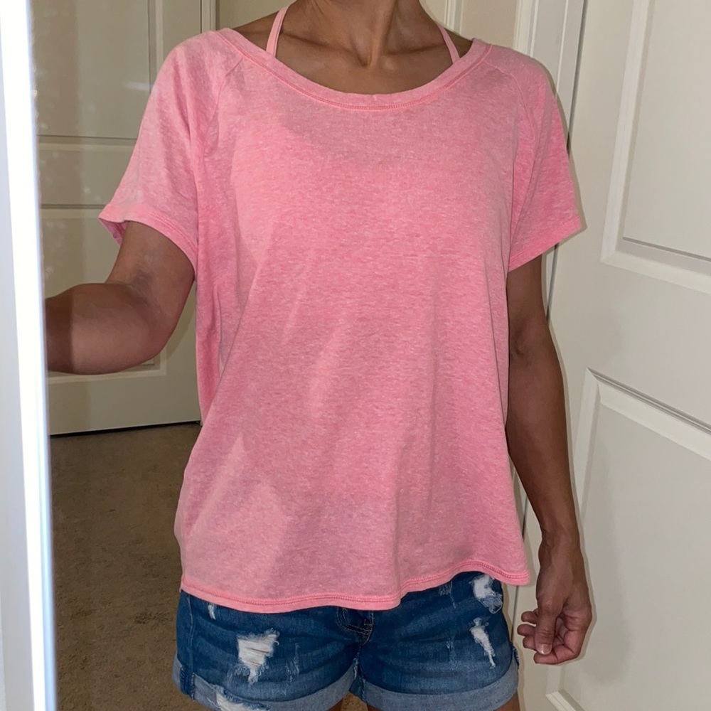 Off the shoulder pink wide neck muscle tee